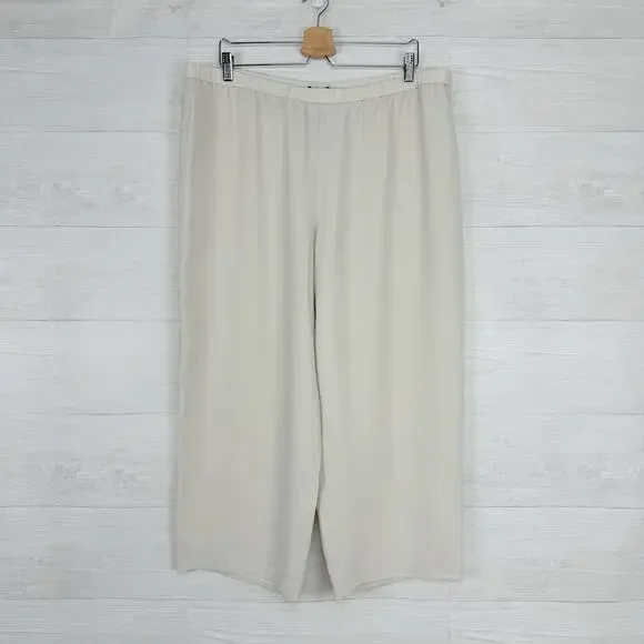 Eileen Fisher Size XL Silk Georgette Crepe Cropped Pants Wide Leg Pull On Bone - Picture 15 of 16